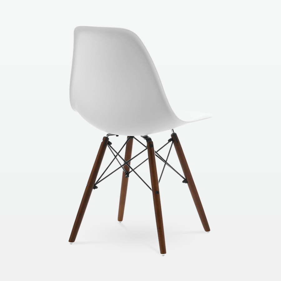 Designer Plastic Dining Side Chair in White Top & Walnut Wooden Legs - back angle