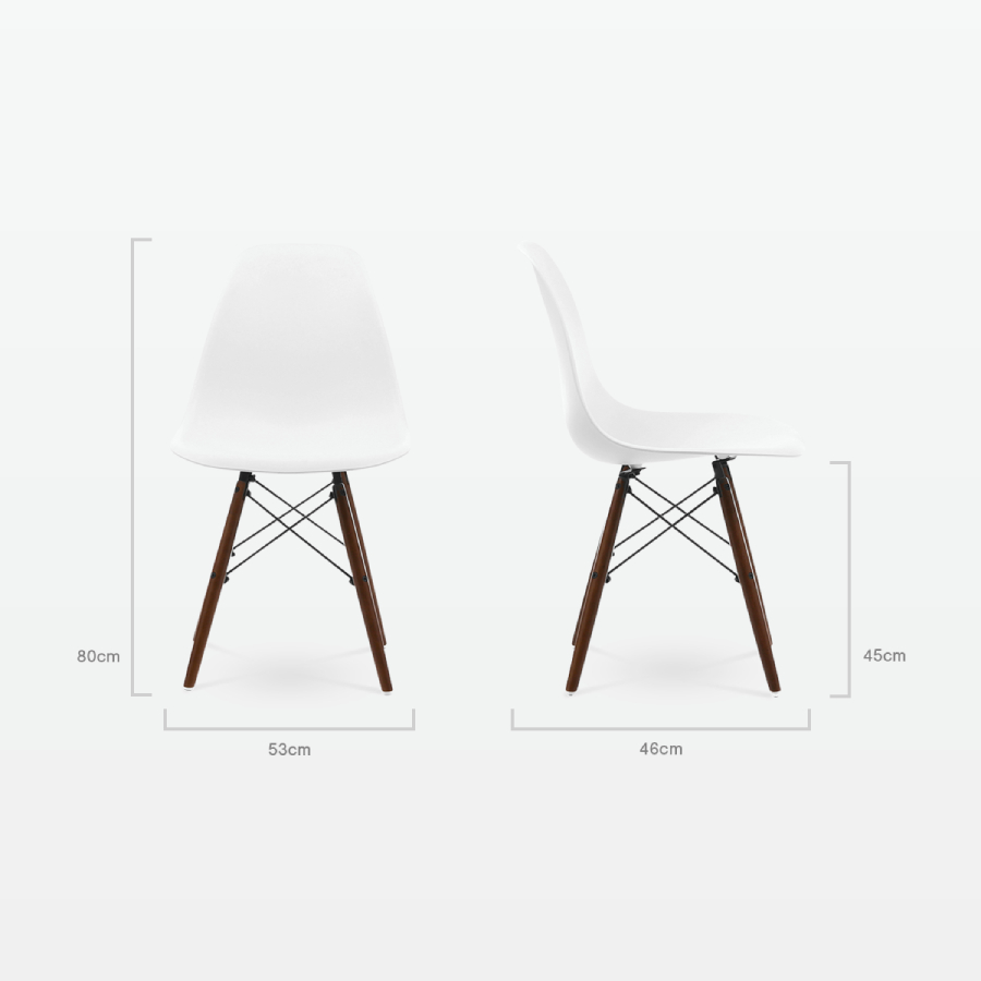 Designer Plastic Dining Side Chair in White Top & Walnut Wooden Legs - dimensions