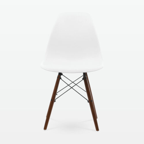 Designer Plastic Dining Side Chair in White Top & Walnut Wooden Legs - front