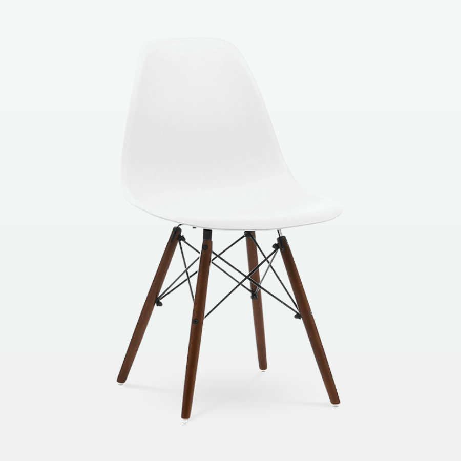 Designer Plastic Dining Side Chair in White Top & Walnut Wooden Legs - front angle