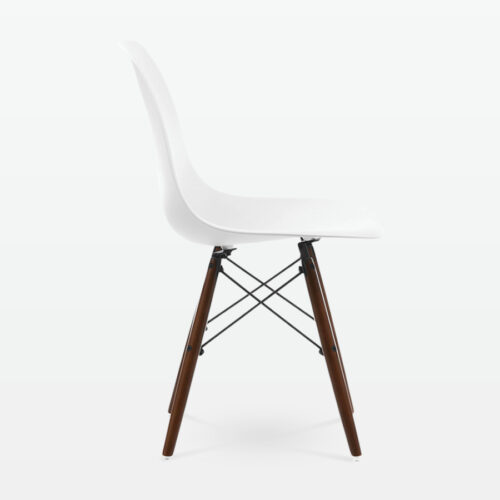 Designer Plastic Dining Side Chair in White Top & Walnut Wooden Legs - side