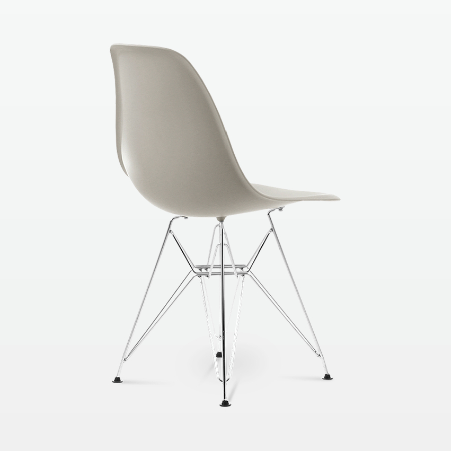Designer Plastic Side Chair in Beige & Chrome Metal Legs - back angle