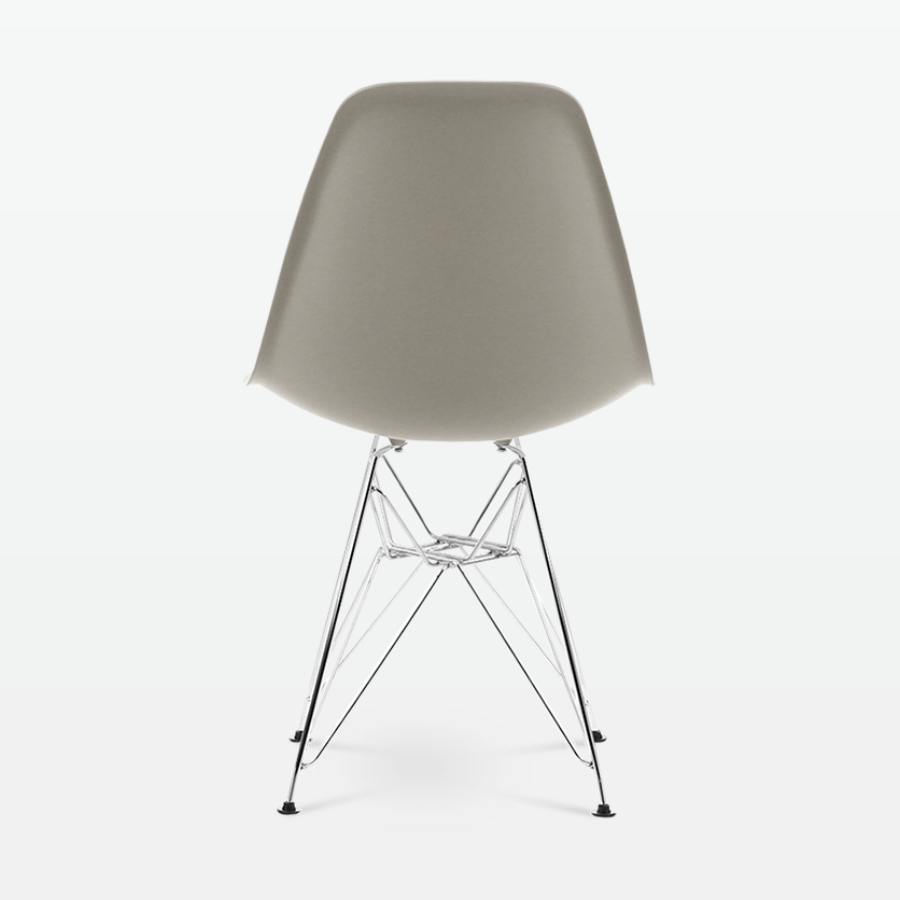 Designer Plastic Side Chair in Beige & Chrome Metal Legs - back