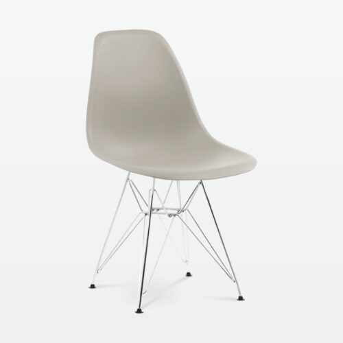 Designer Plastic Side Chair in Beige & Chrome Metal Legs - front angle