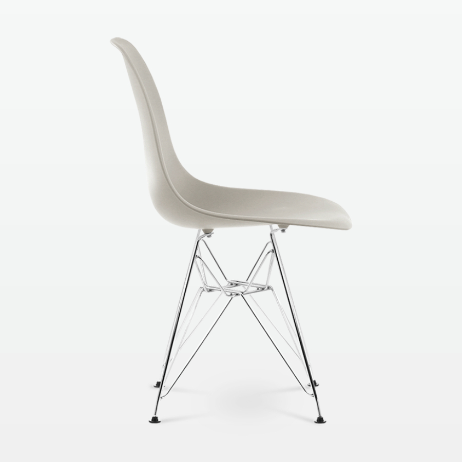 Designer Plastic Side Chair in Beige & Chrome Metal Legs - side