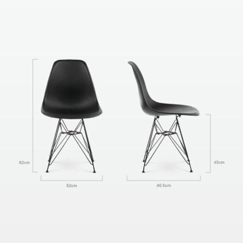 Designer Plastic Side Chair in Black & Black Metal Legs - dimensions
