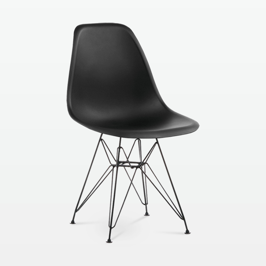 Designer Plastic Side Chair in Black & Black Metal Legs - front angle