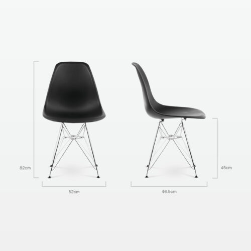 Designer Plastic Side Chair in Black & Chrome Metal Legs - dimensions