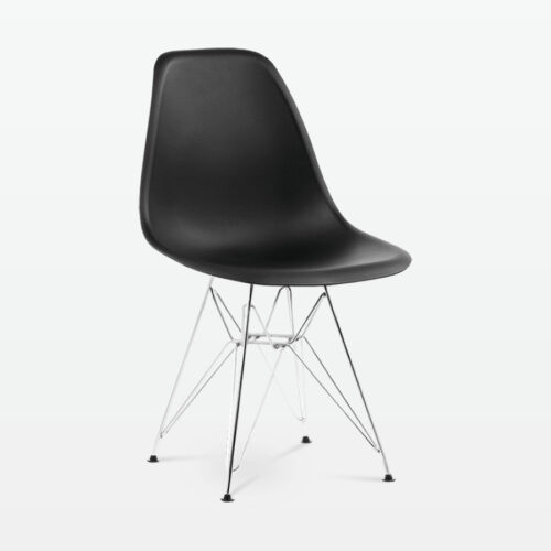 Designer Plastic Side Chair in Black & Chrome Metal Legs - front angle