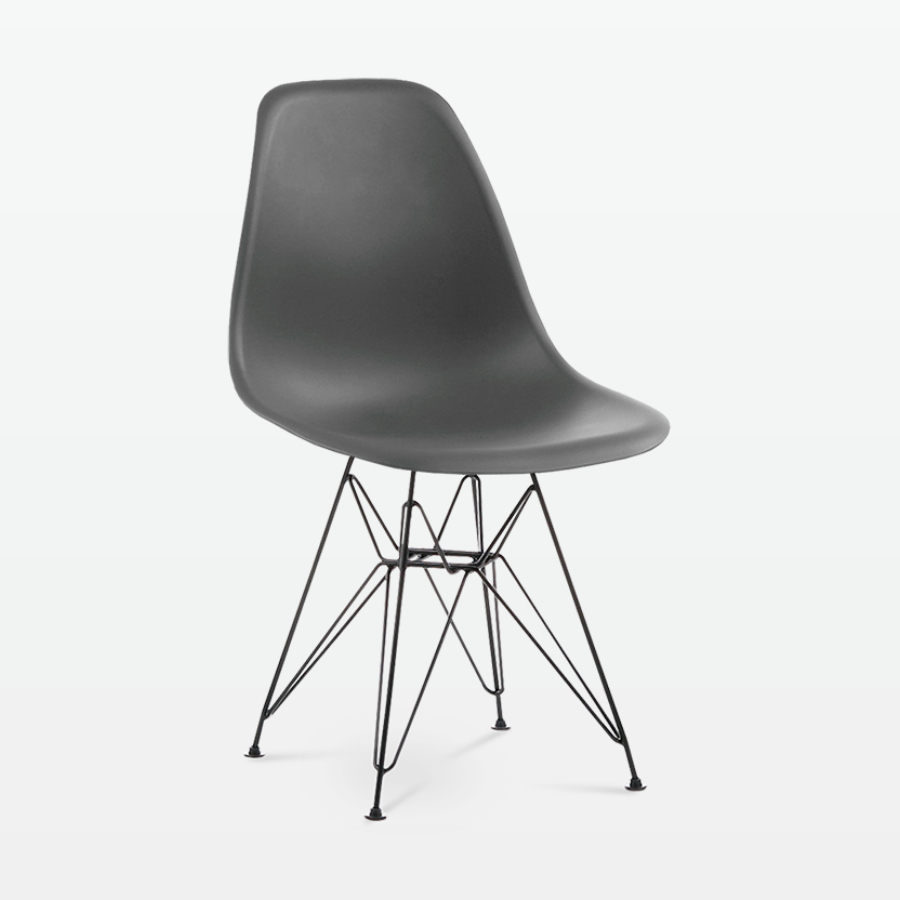 Designer Plastic Side Chair in Dark Grey & Black Metal Legs - front angle