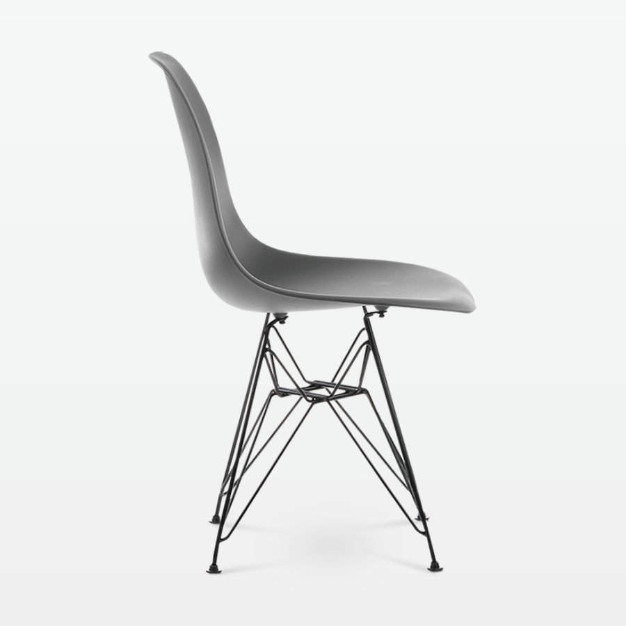 Designer Plastic Side Chair in Dark Grey & Black Metal Legs - side