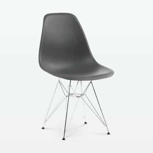 Designer Plastic Side Chair in Dark Grey & Chrome Metal Legs - front angle