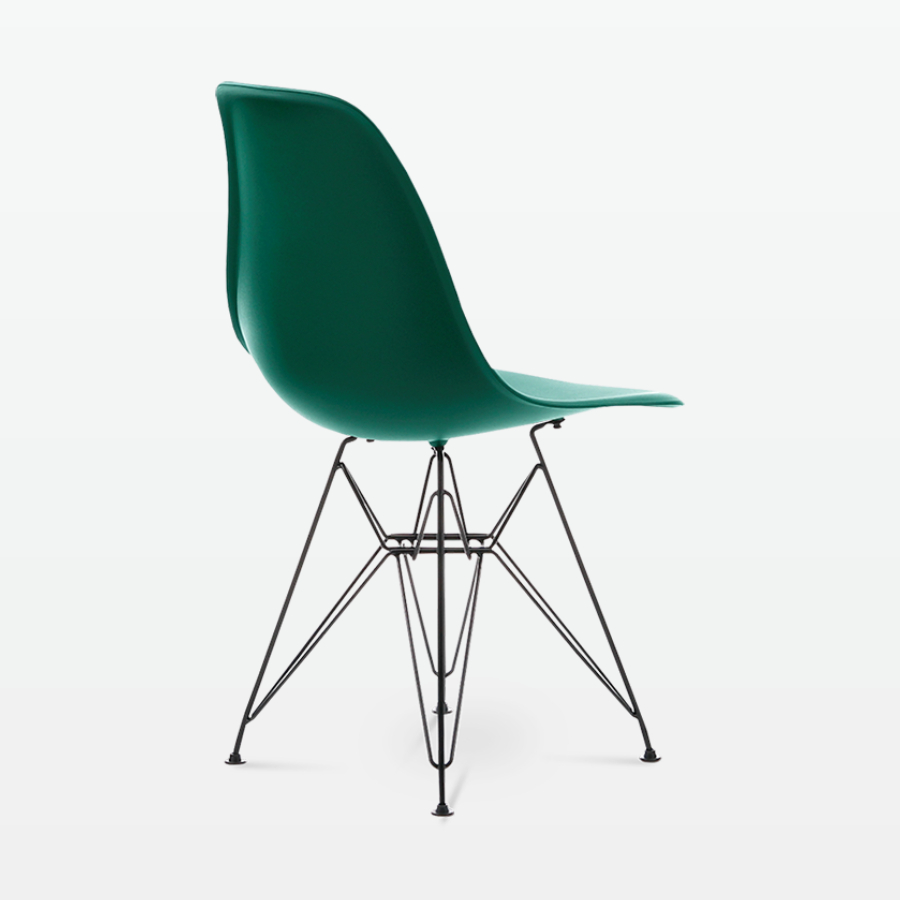 Designer Plastic Side Chair in Forest Green & Black Metal Legs - back angle