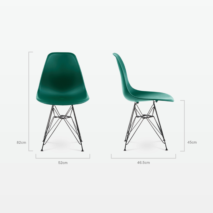 Designer Plastic Side Chair in Forest Green & Black Metal Legs - dimensions