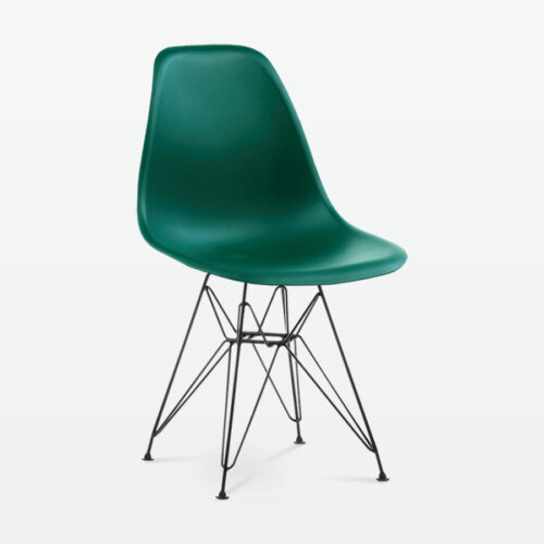 Designer Plastic Side Chair in Forest Green & Black Metal Legs - front angle