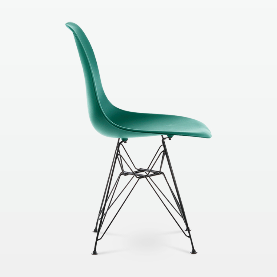 Designer Plastic Side Chair in Forest Green & Black Metal Legs - side