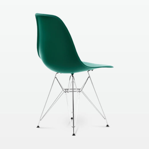 Designer Plastic Side Chair in Forest Green & Chrome Metal Legs - back angle