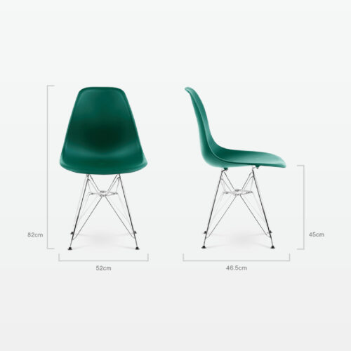 Designer Plastic Side Chair in Forest Green & Chrome Metal Legs - dimensions