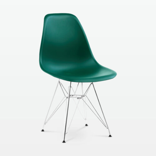 Designer Plastic Side Chair in Forest Green & Chrome Metal Legs - front angle