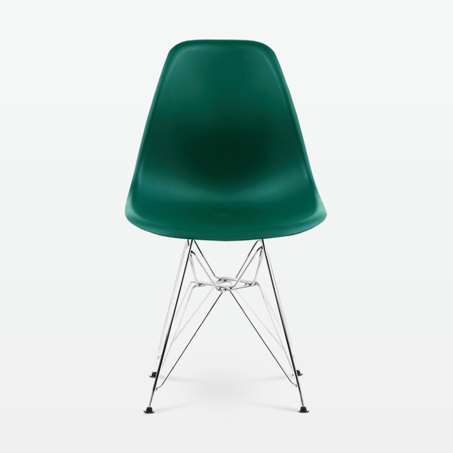 Designer Plastic Side Chair in Forest Green & Chrome Metal Legs - front