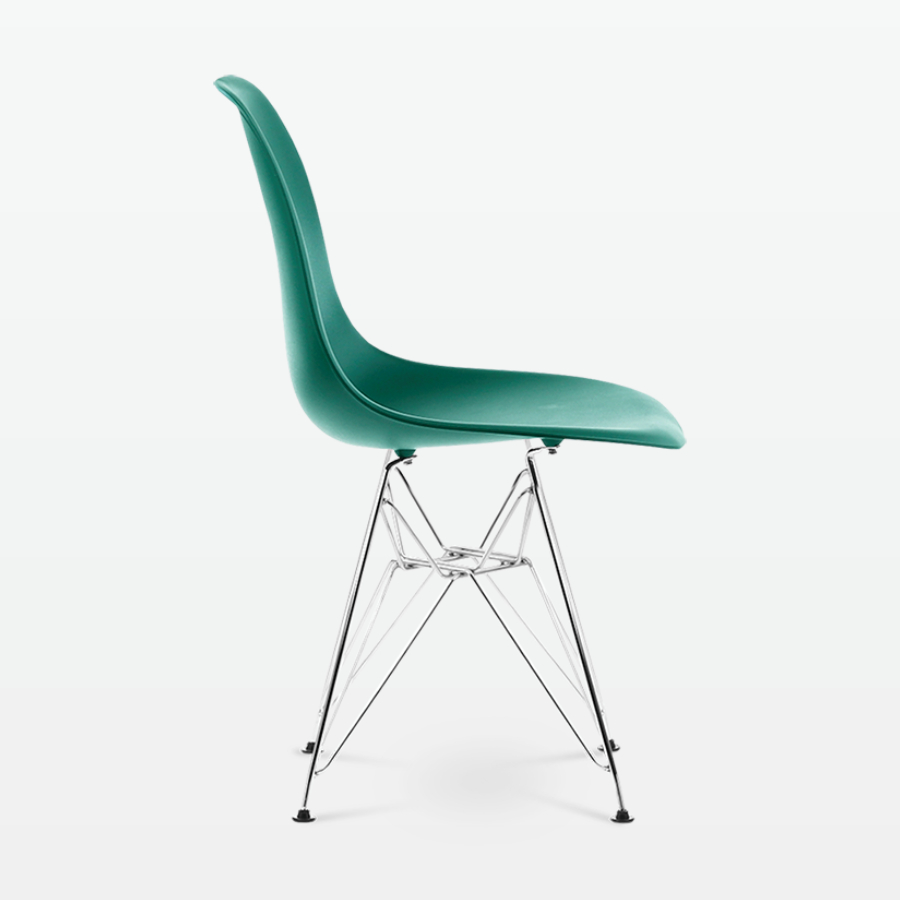 Designer Plastic Side Chair in Forest Green & Chrome Metal Legs - side