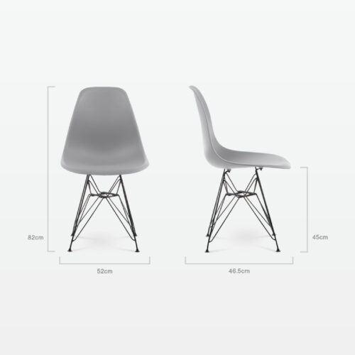 Designer Plastic Side Chair in Mid Grey & Black Metal Legs - dimensions