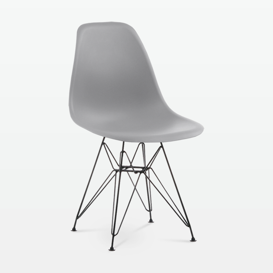 Designer Plastic Side Chair in Mid Grey & Black Metal Legs - front angle