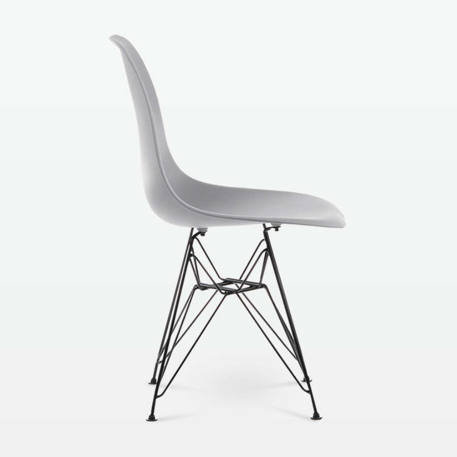 Designer Plastic Side Chair in Mid Grey & Black Metal Legs - side