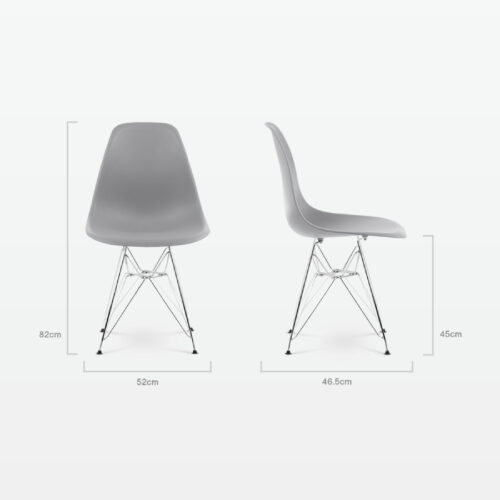 Designer Plastic Side Chair in Mid Grey & Chrome Metal Legs - dimensions