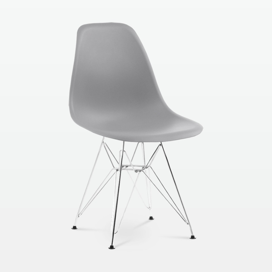 Designer Plastic Side Chair in Mid Grey & Chrome Metal Legs - front angle