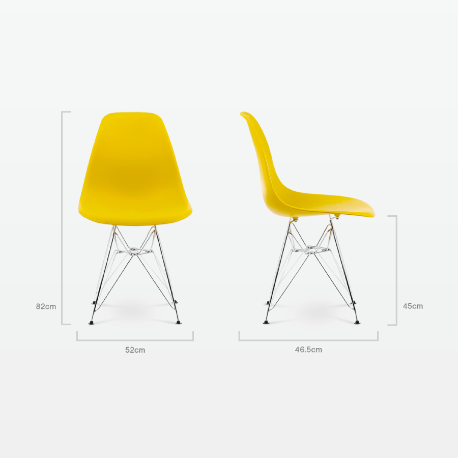 Designer Plastic Side Chair in Mustard & Chrome Metal Legs - dimensions