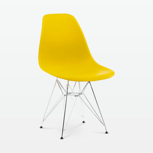 Designer Plastic Side Chair in Mustard & Chrome Metal Legs - front angle