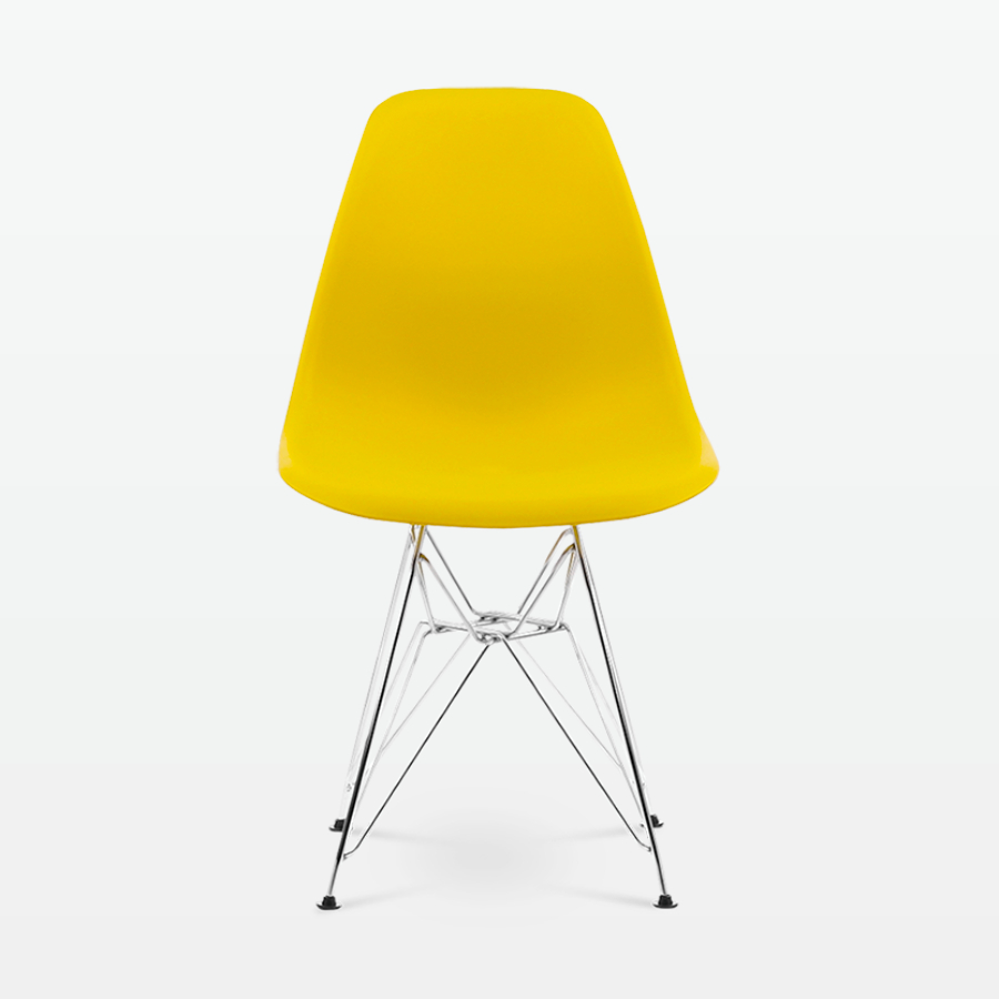 Designer Plastic Side Chair in Mustard & Chrome Metal Legs - front