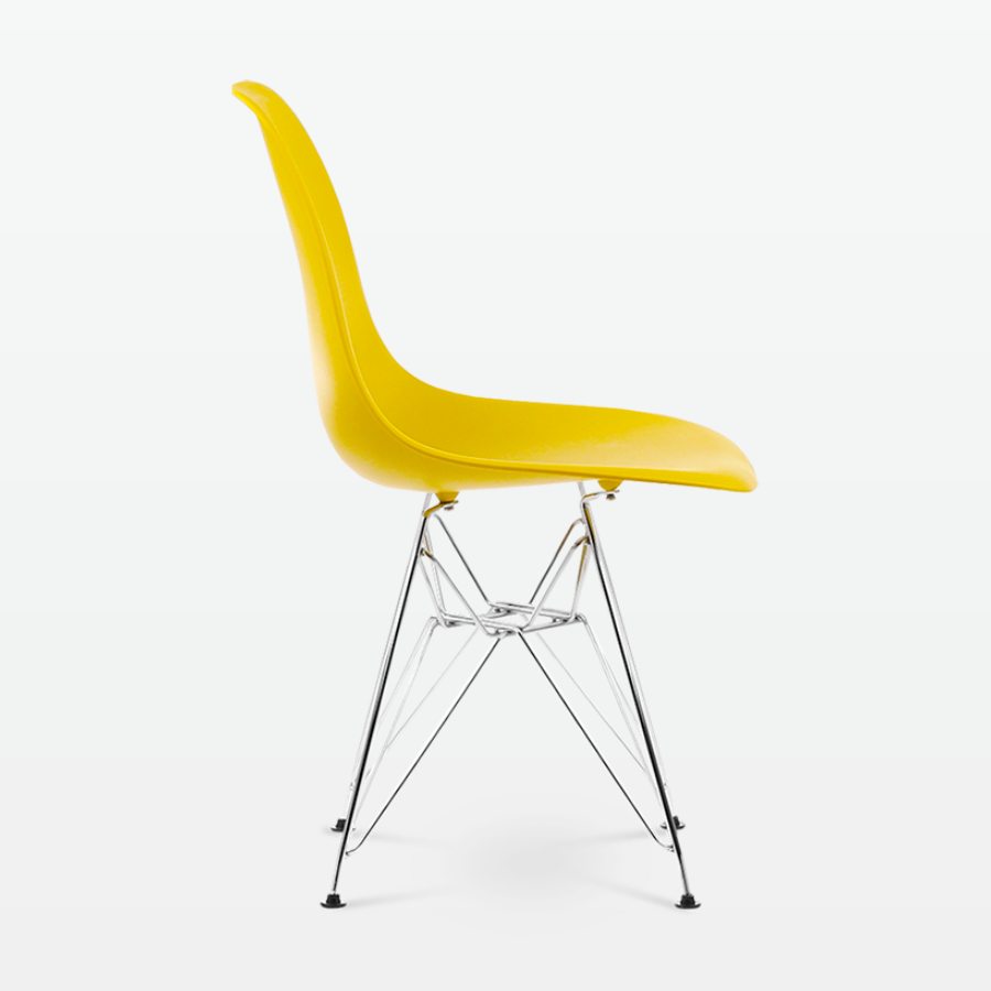 Designer Plastic Side Chair in Mustard & Chrome Metal Legs - side