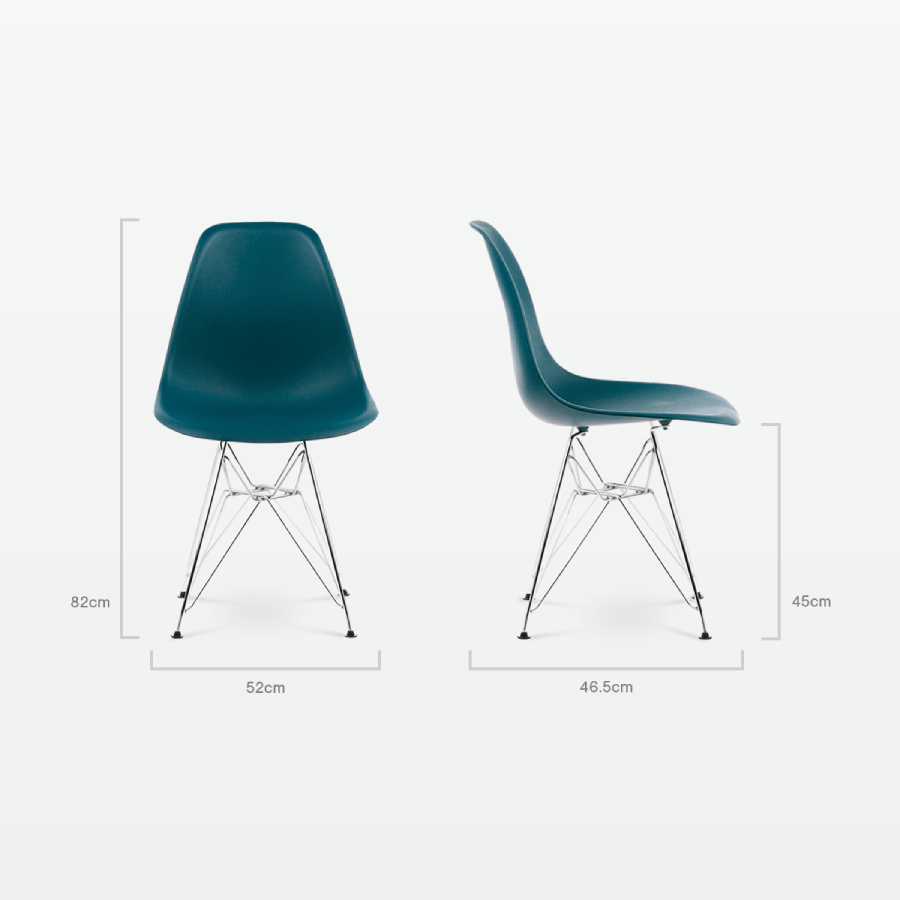 Designer Plastic Side Chair in Ocean & Chrome Metal Legs - dimensions