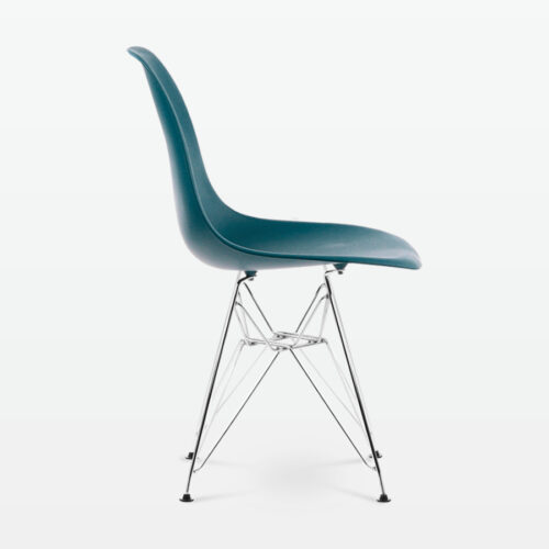 Designer Plastic Side Chair in Ocean & Chrome Metal Legs - side
