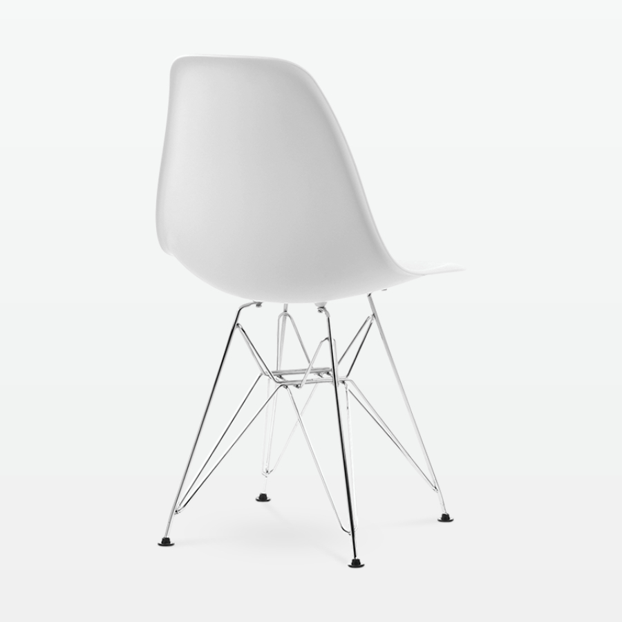 Designer Plastic Side Chair in White & Chrome Metal Legs - back angle