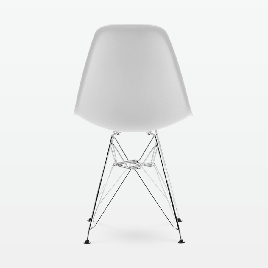 Designer Plastic Side Chair in White & Chrome Metal Legs - back