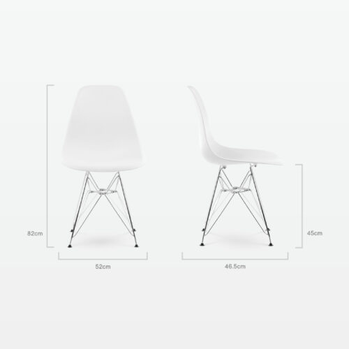 Designer Plastic Side Chair in White & Chrome Metal Legs - dimensions