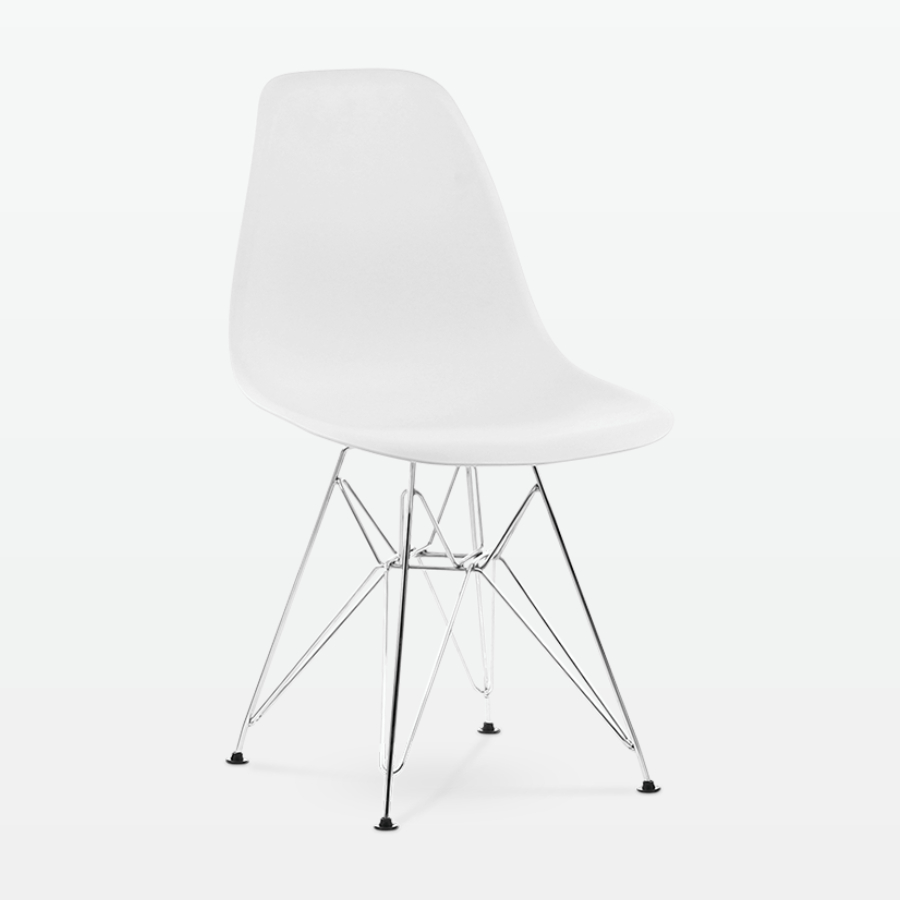 Designer Plastic Side Chair in White & Chrome Metal Legs - front angle