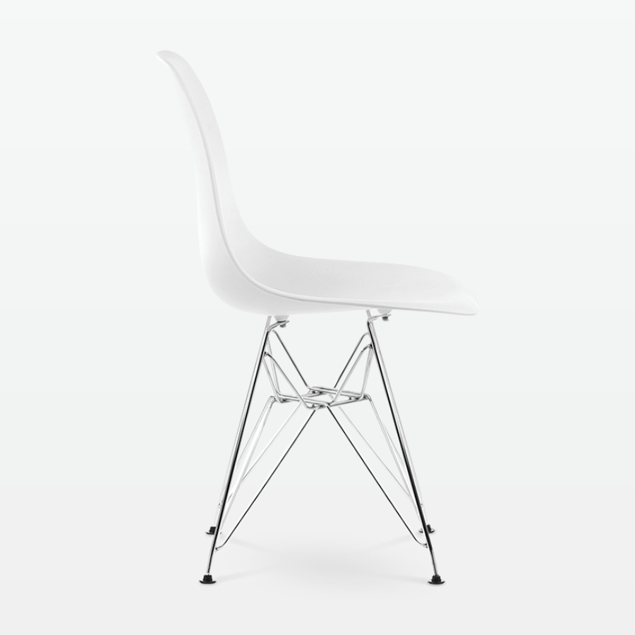 Designer Plastic Side Chair in White & Chrome Metal Legs - side