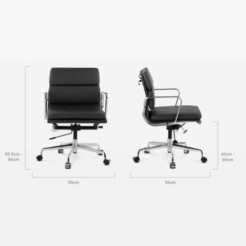 Designer Director Low Back Office Chair in Black Leather - dimensions