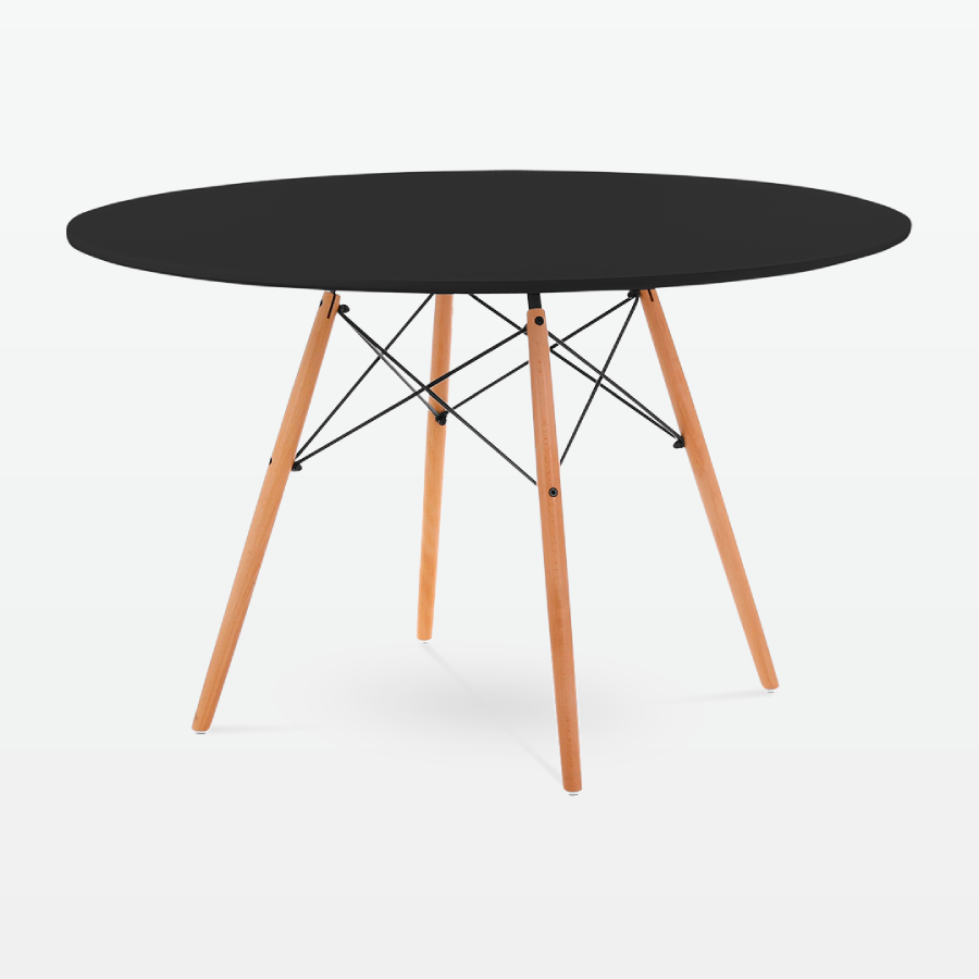 Mid-Century Designer 120cm Dining Table in Black Plastic, Metal & Beech Wooden Legs - front angle