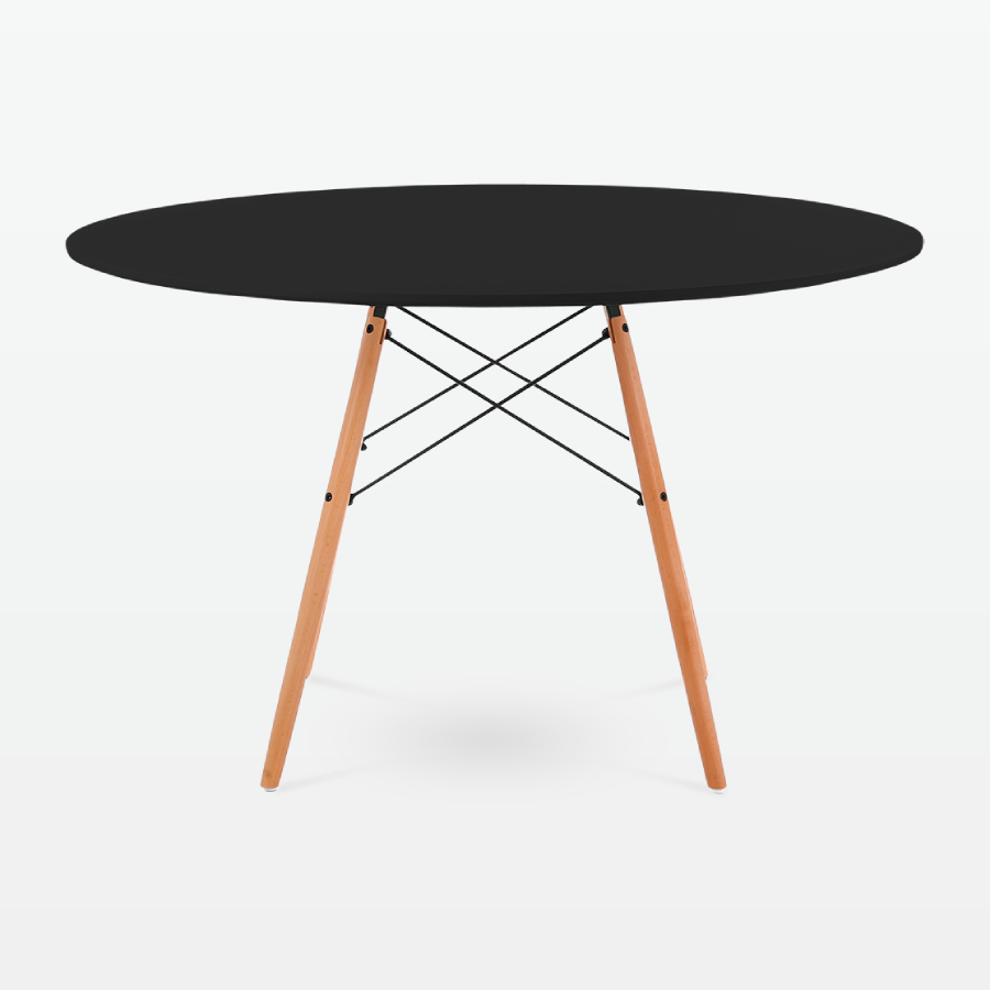 Mid-Century Designer 120cm Dining Table in Black Plastic, Metal & Beech Wooden Legs - front