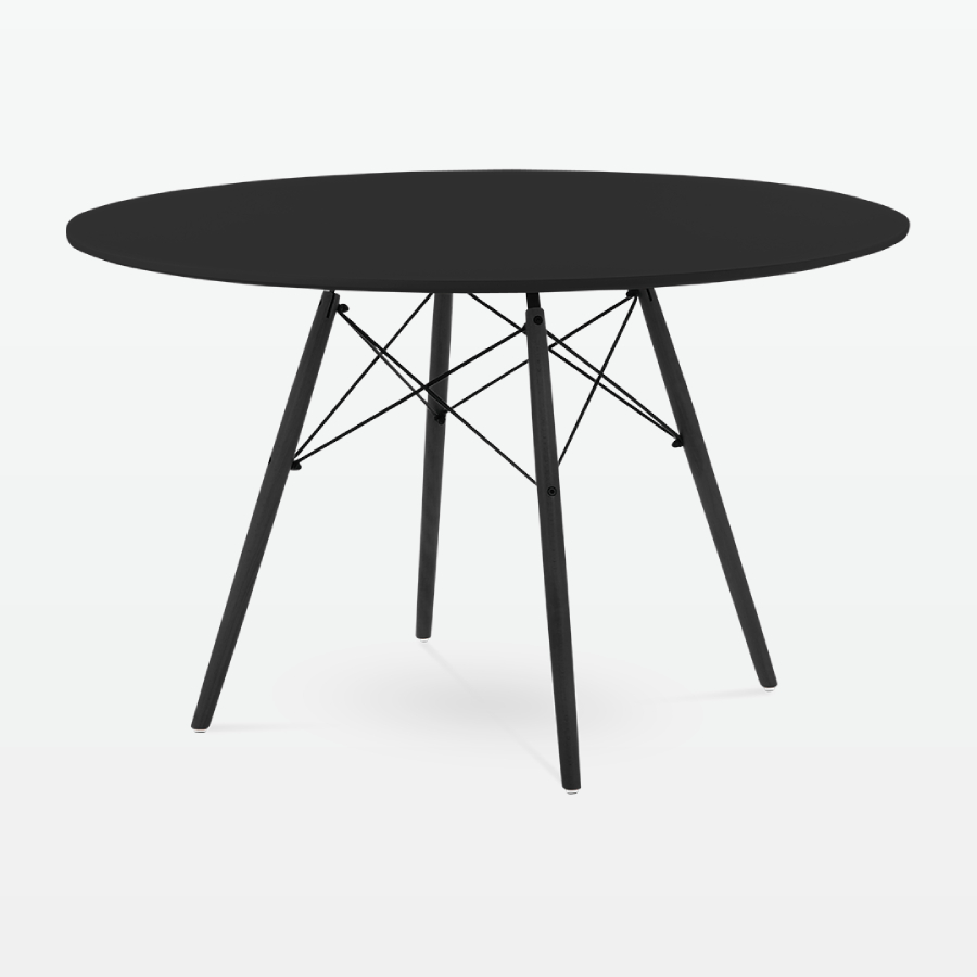 Mid-Century Designer 120cm Dining Table in Black Plastic, Metal & Black Wooden Legs - front angle