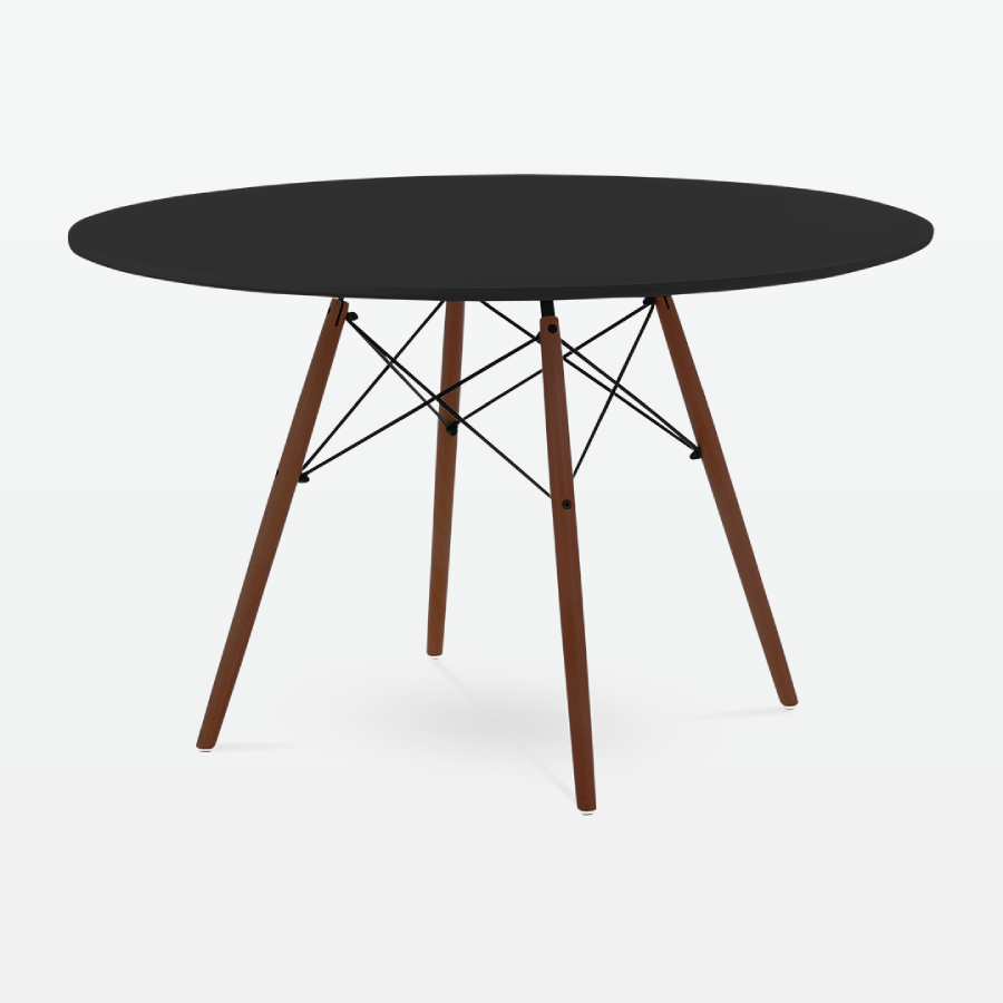 Mid-Century Designer 120cm Dining Table in Black Plastic, Metal & Walnut Wooden Legs - front angle