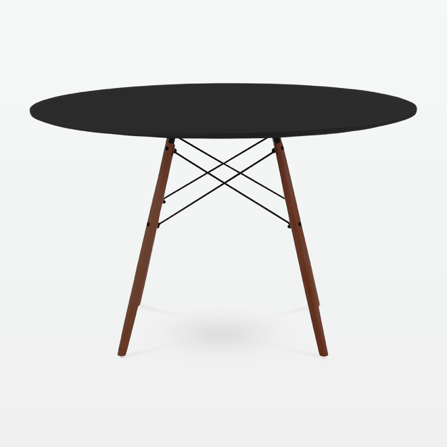 Mid-Century Designer 120cm Dining Table in Black Plastic, Metal & Walnut Wooden Legs - front