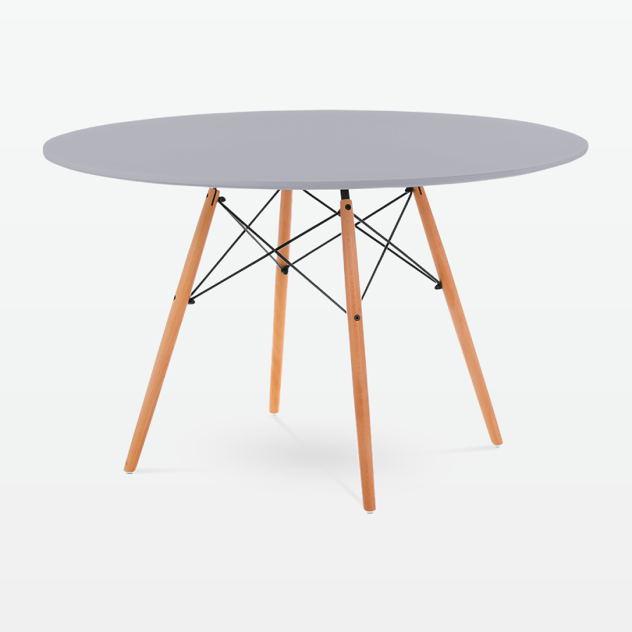 Mid-Century Designer 120cm Dining Table in Grey Plastic, Metal & Beech Wooden Legs - front angle