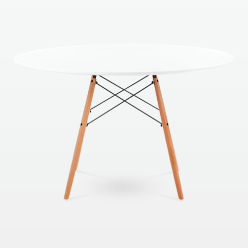 Mid-Century Designer 120cm Dining Table in White Plastic, Metal & Beech Wooden Legs - front
