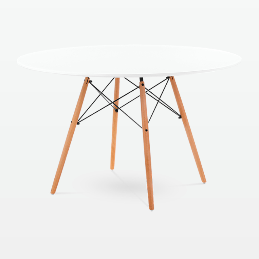 Mid-Century Designer 120cm Dining Table in White Plastic, Metal & Beech Wooden Legs - front angle
